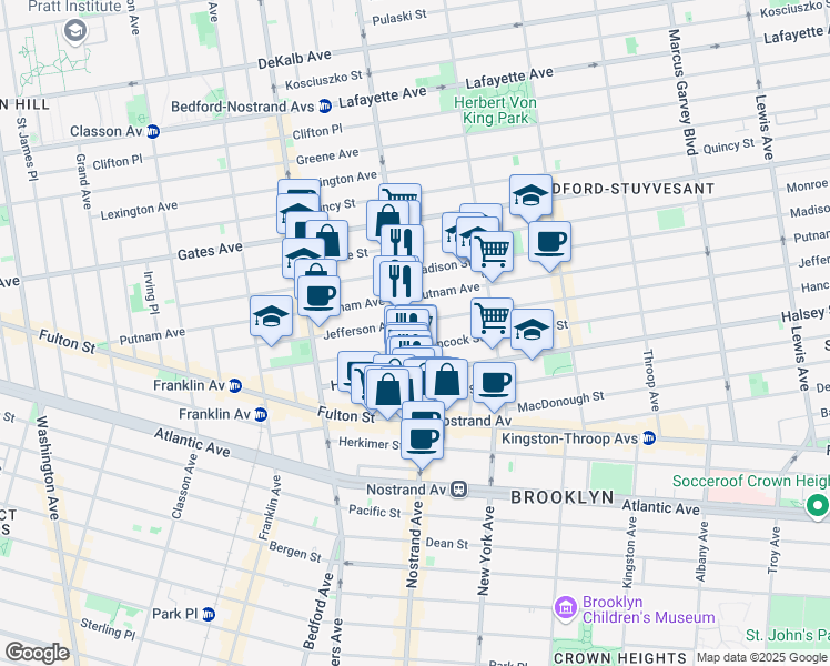 map of restaurants, bars, coffee shops, grocery stores, and more near 425 Nostrand Avenue in Brooklyn