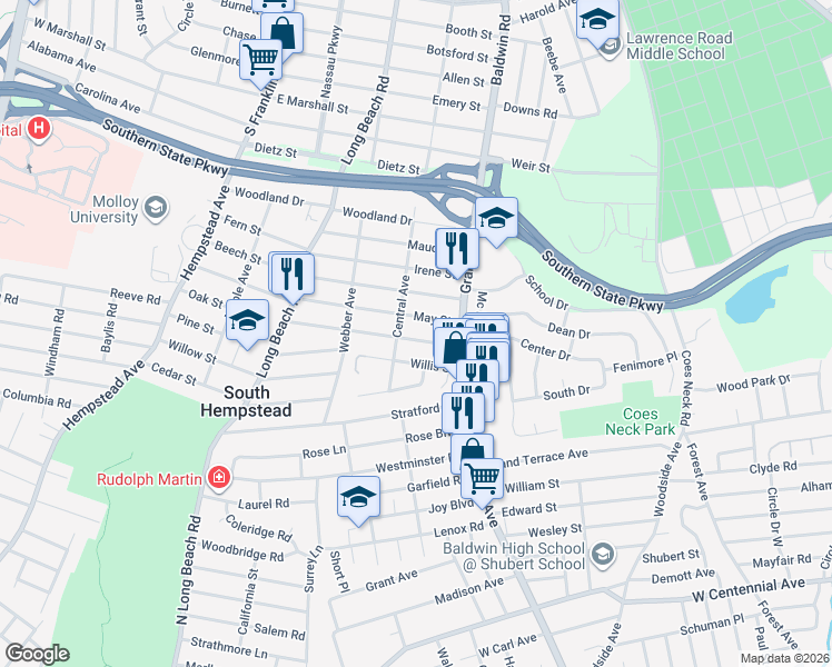 map of restaurants, bars, coffee shops, grocery stores, and more near 645 Christie Street in South Hempstead