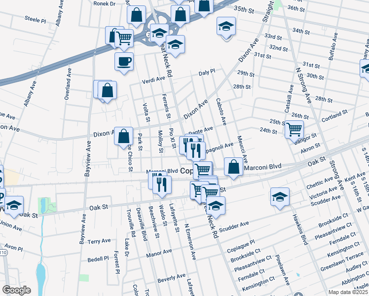 map of restaurants, bars, coffee shops, grocery stores, and more near 2095 Great Neck Road in Copiague