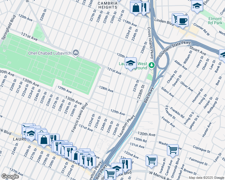 map of restaurants, bars, coffee shops, grocery stores, and more near 121-68 234th St in Queens