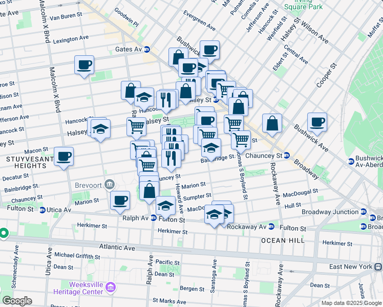 map of restaurants, bars, coffee shops, grocery stores, and more near 606 Decatur Street in Brooklyn
