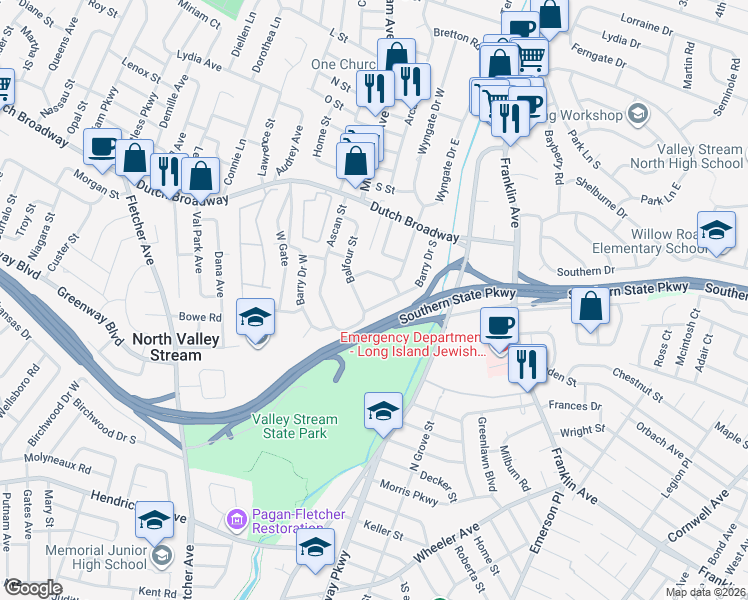 map of restaurants, bars, coffee shops, grocery stores, and more near 1282 Barry Drive South in Valley Stream