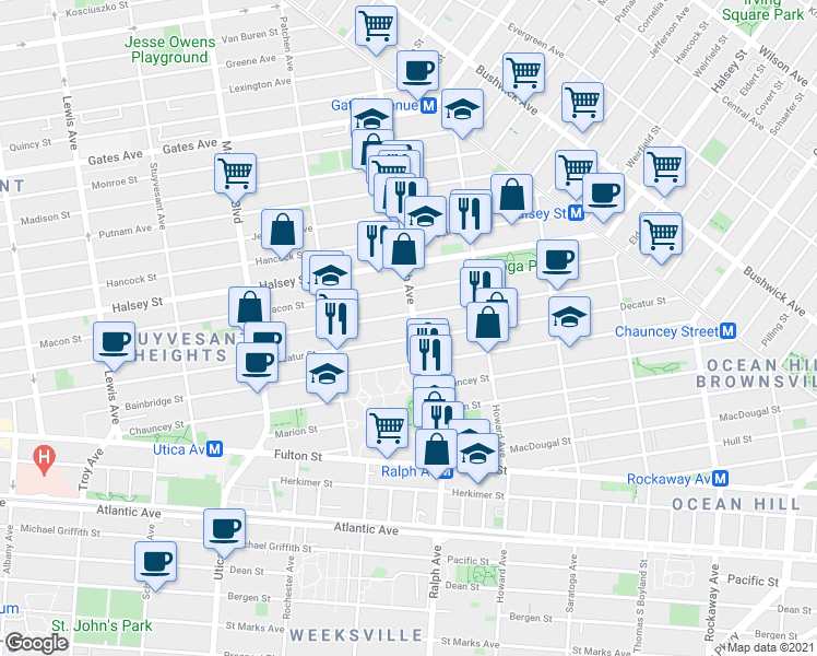 map of restaurants, bars, coffee shops, grocery stores, and more near 196 Ralph Avenue in Brooklyn