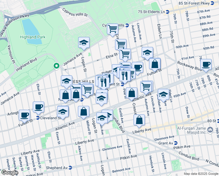 map of restaurants, bars, coffee shops, grocery stores, and more near 3249 Fulton Street in Brooklyn