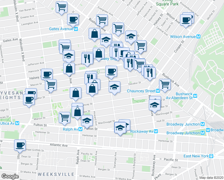map of restaurants, bars, coffee shops, grocery stores, and more near 105 Saratoga Avenue in Brooklyn