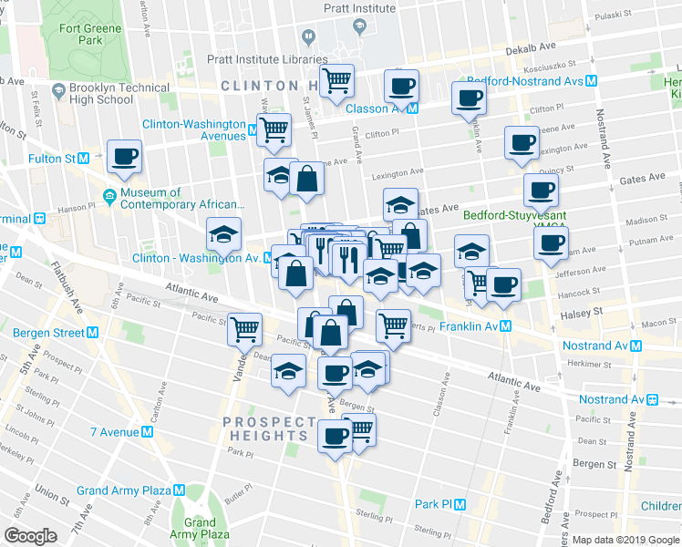 map of restaurants, bars, coffee shops, grocery stores, and more near 983 Fulton Street in Brooklyn