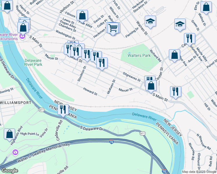 map of restaurants, bars, coffee shops, grocery stores, and more near 288 Mercer Street in Phillipsburg