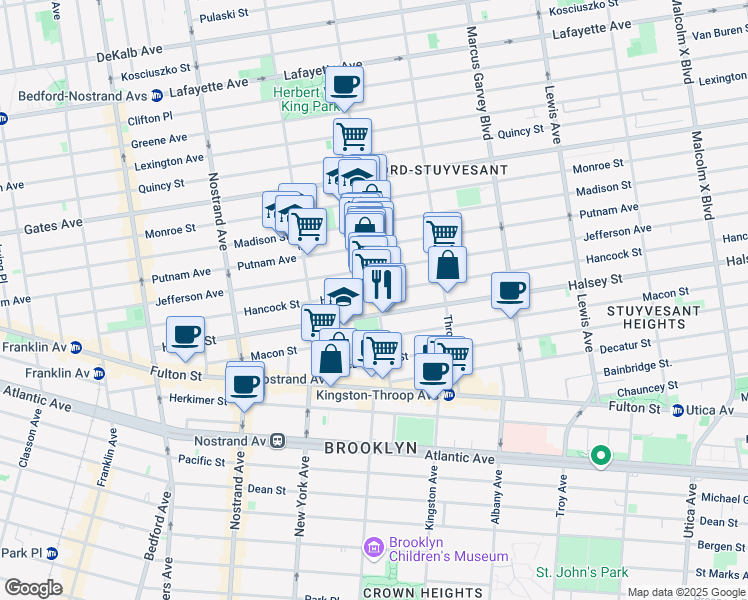 map of restaurants, bars, coffee shops, grocery stores, and more near 414 Tompkins Avenue in Brooklyn