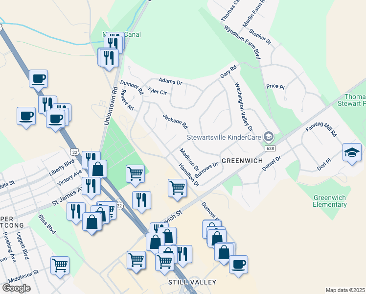 map of restaurants, bars, coffee shops, grocery stores, and more near 501 Madison Drive in Stewartsville