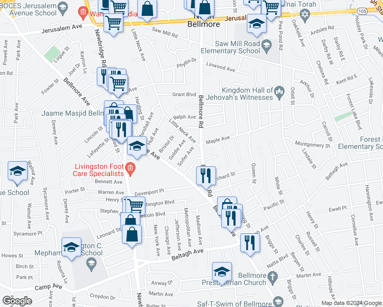 map of restaurants, bars, coffee shops, grocery stores, and more near 117 Soifer Avenue in North Bellmore