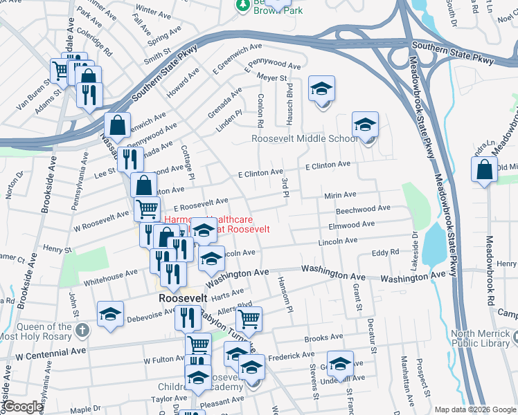 map of restaurants, bars, coffee shops, grocery stores, and more near 23 Mirin Avenue in Roosevelt