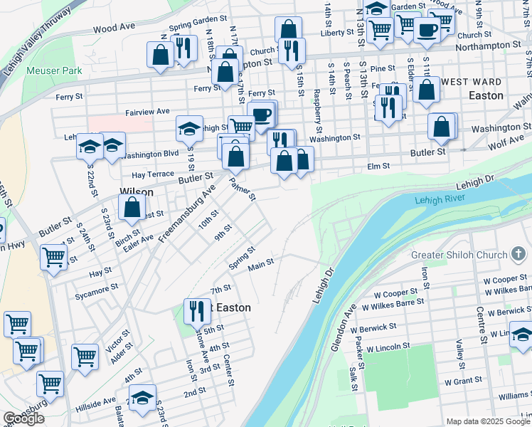 map of restaurants, bars, coffee shops, grocery stores, and more near 813 Palmer Street in Easton