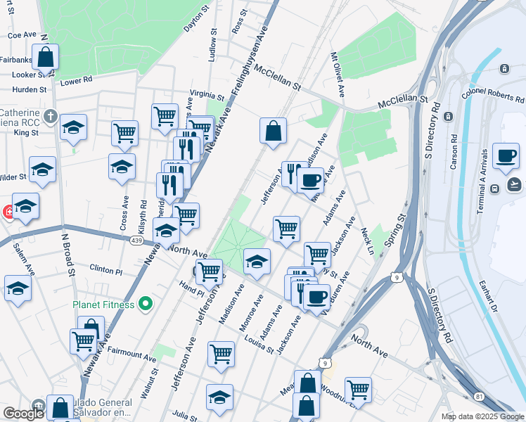 map of restaurants, bars, coffee shops, grocery stores, and more near 925 Jefferson Avenue in Elizabeth