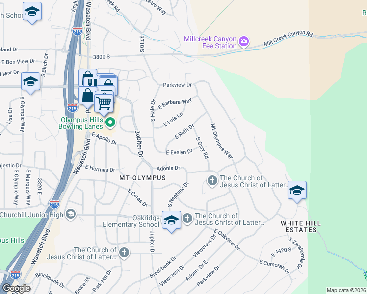 map of restaurants, bars, coffee shops, grocery stores, and more near 3861 East Evelyn Drive in Salt Lake City