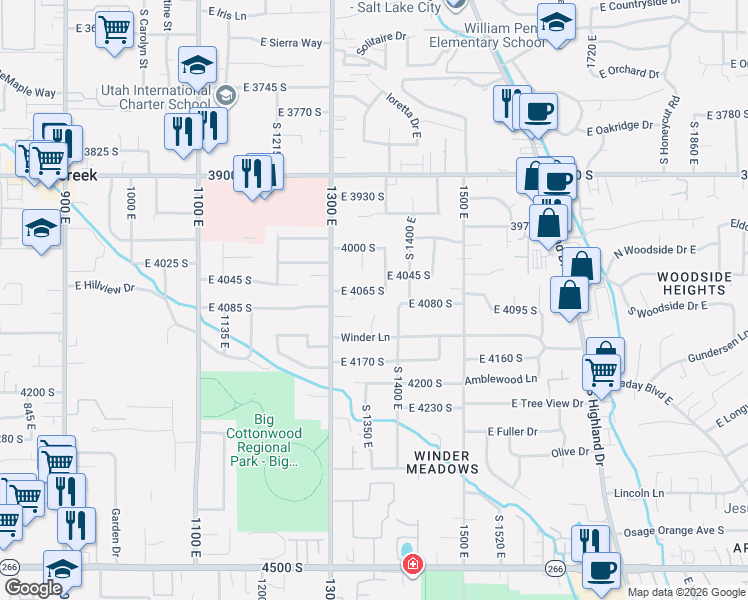 map of restaurants, bars, coffee shops, grocery stores, and more near 1376-1378 East 4065 South in Millcreek