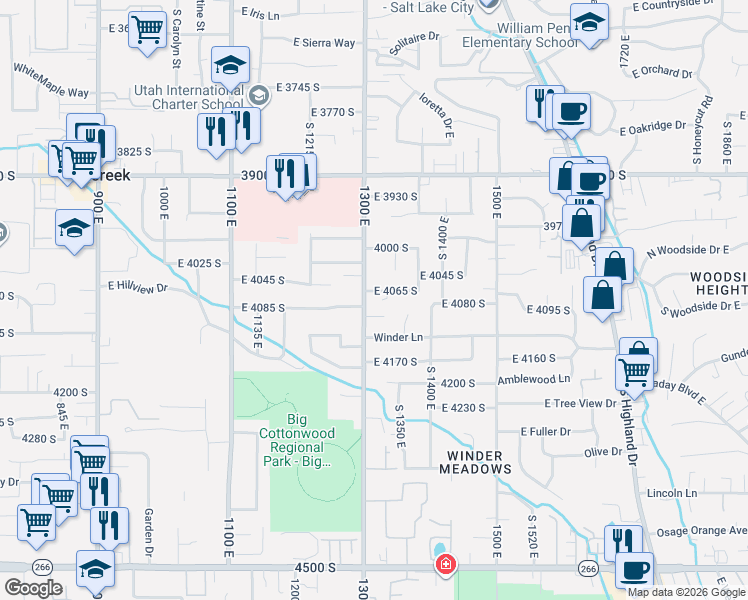 map of restaurants, bars, coffee shops, grocery stores, and more near 1326 East 4065 South in Millcreek