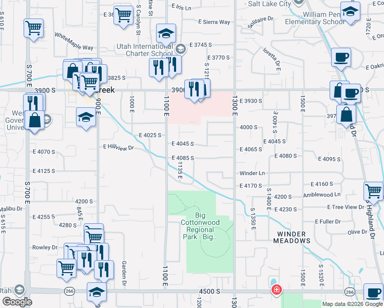 map of restaurants, bars, coffee shops, grocery stores, and more near 1161 East 4085 South in Millcreek