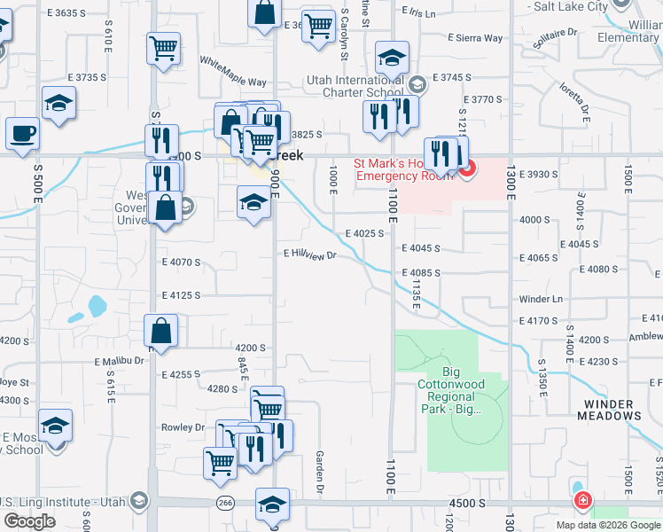 map of restaurants, bars, coffee shops, grocery stores, and more near 1008 Hillview Drive in Millcreek