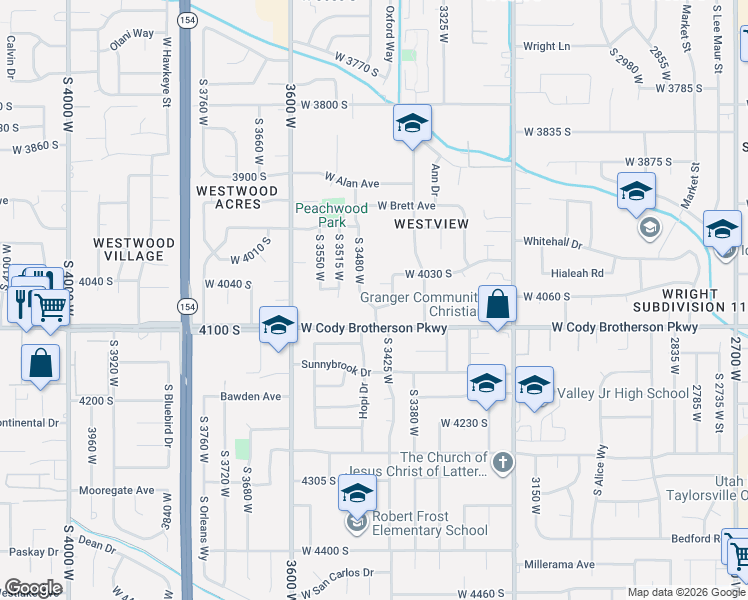 map of restaurants, bars, coffee shops, grocery stores, and more near 4055 Peachwood Drive in West Valley City