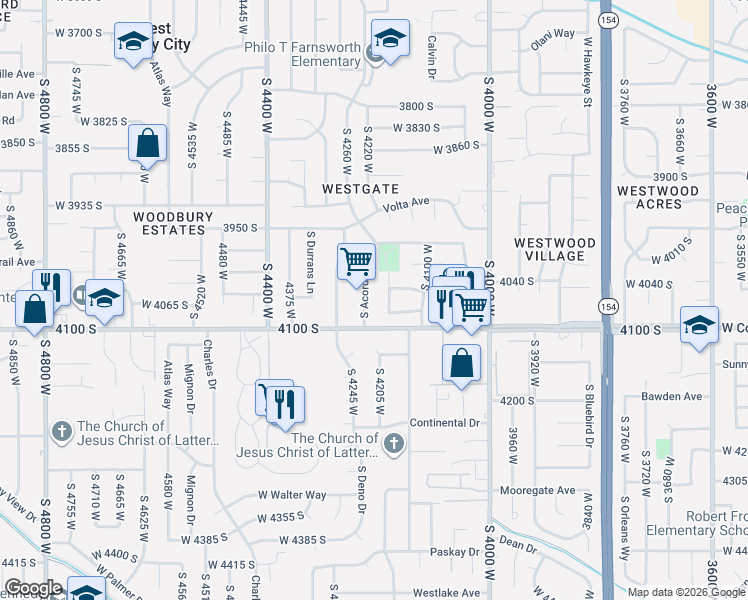 map of restaurants, bars, coffee shops, grocery stores, and more near 4067 South Acord Way in West Valley City