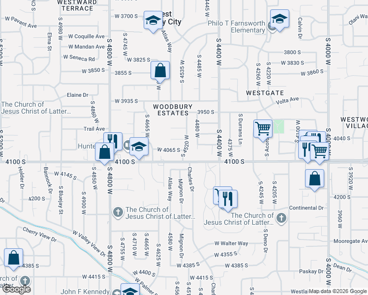 map of restaurants, bars, coffee shops, grocery stores, and more near 4047 South 4520 West in West Valley City