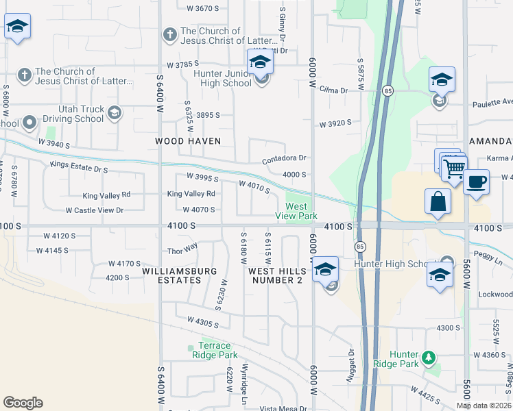 map of restaurants, bars, coffee shops, grocery stores, and more near 4053 Powder Ridge Drive in West Valley City