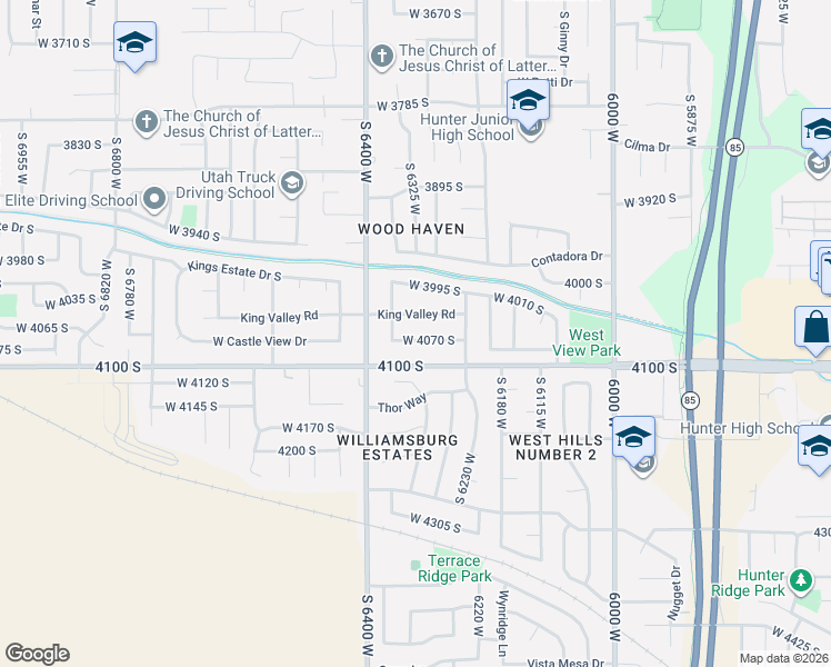 map of restaurants, bars, coffee shops, grocery stores, and more near 6350 King Valley Drive in West Valley City