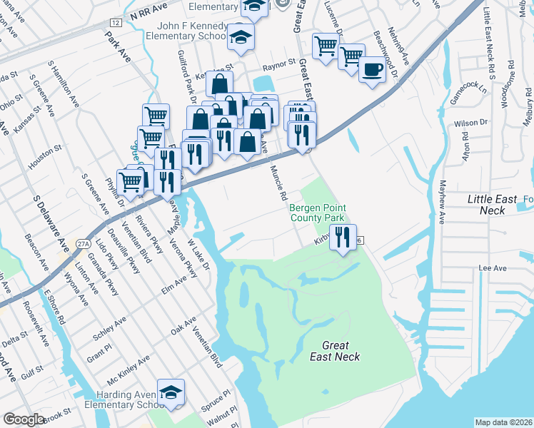 map of restaurants, bars, coffee shops, grocery stores, and more near 45 Captains Drive in West Babylon