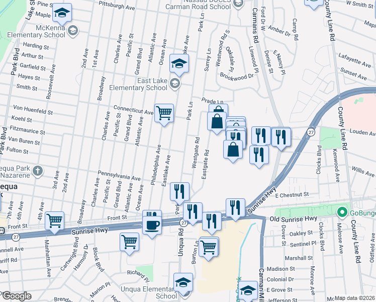map of restaurants, bars, coffee shops, grocery stores, and more near 58 Westgate Road in Massapequa Park