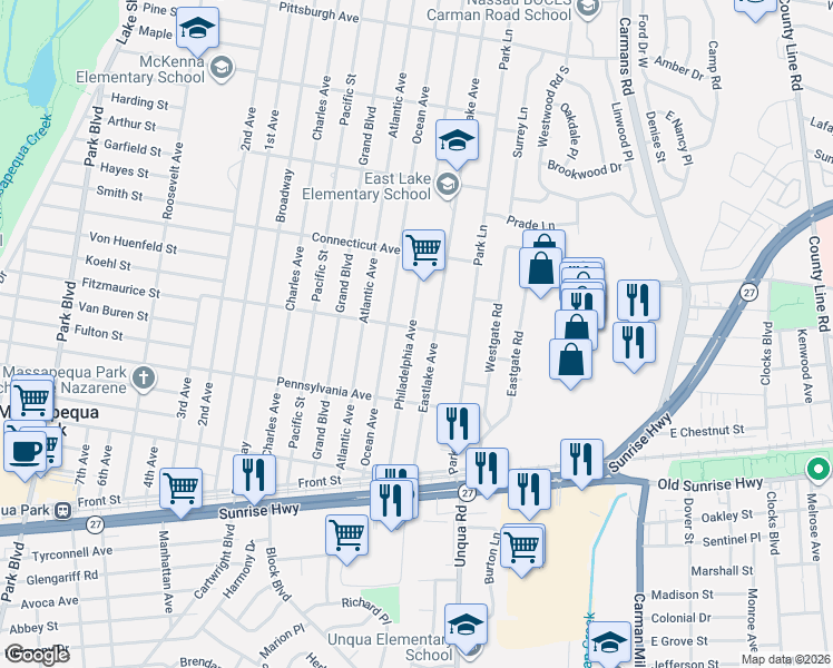 map of restaurants, bars, coffee shops, grocery stores, and more near 96 Philadelphia Avenue in Massapequa Park