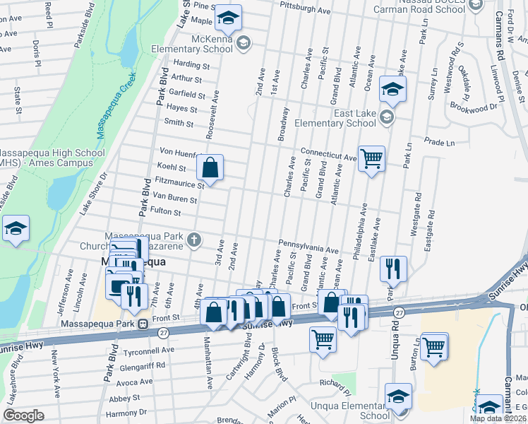map of restaurants, bars, coffee shops, grocery stores, and more near in Massapequa Park
