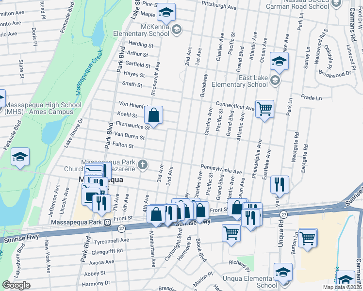 map of restaurants, bars, coffee shops, grocery stores, and more near in Massapequa Park