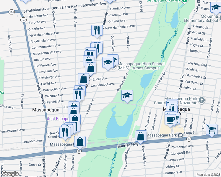 map of restaurants, bars, coffee shops, grocery stores, and more near 139 Chicago Avenue in Massapequa