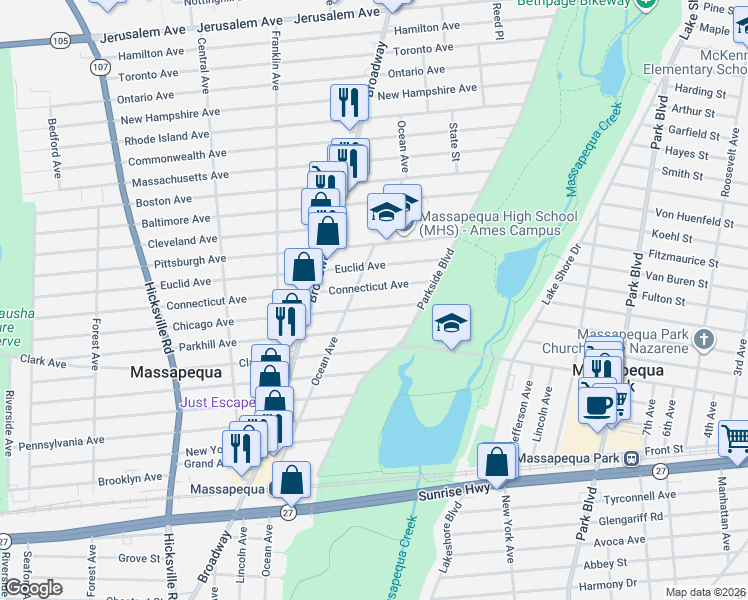 map of restaurants, bars, coffee shops, grocery stores, and more near 139 Chicago Avenue in Massapequa