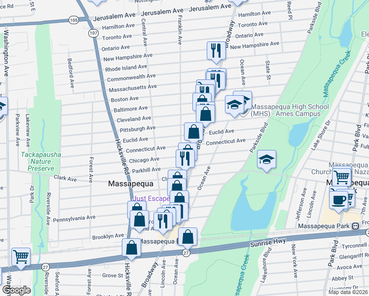 map of restaurants, bars, coffee shops, grocery stores, and more near 577 Franklin Avenue in Massapequa