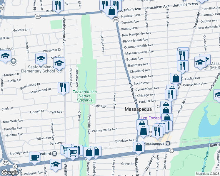 map of restaurants, bars, coffee shops, grocery stores, and more near 16 Euclid Avenue in Massapequa