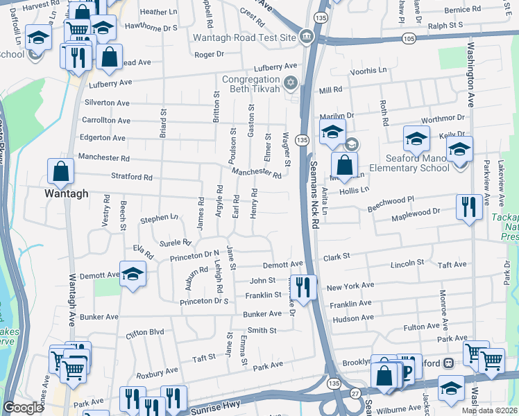 map of restaurants, bars, coffee shops, grocery stores, and more near 1577 Henry Road in Wantagh