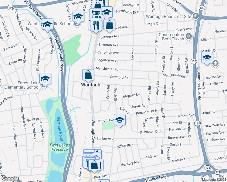 map of restaurants, bars, coffee shops, grocery stores, and more near 1589 Vestry Road in Wantagh