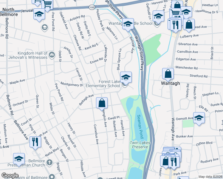 map of restaurants, bars, coffee shops, grocery stores, and more near 3093 Beltagh Avenue in Wantagh