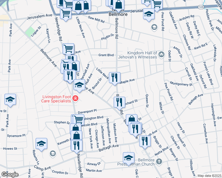 map of restaurants, bars, coffee shops, grocery stores, and more near 117 Soifer Avenue in North Bellmore