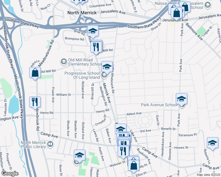 map of restaurants, bars, coffee shops, grocery stores, and more near 1475 Merrick Avenue in North Merrick