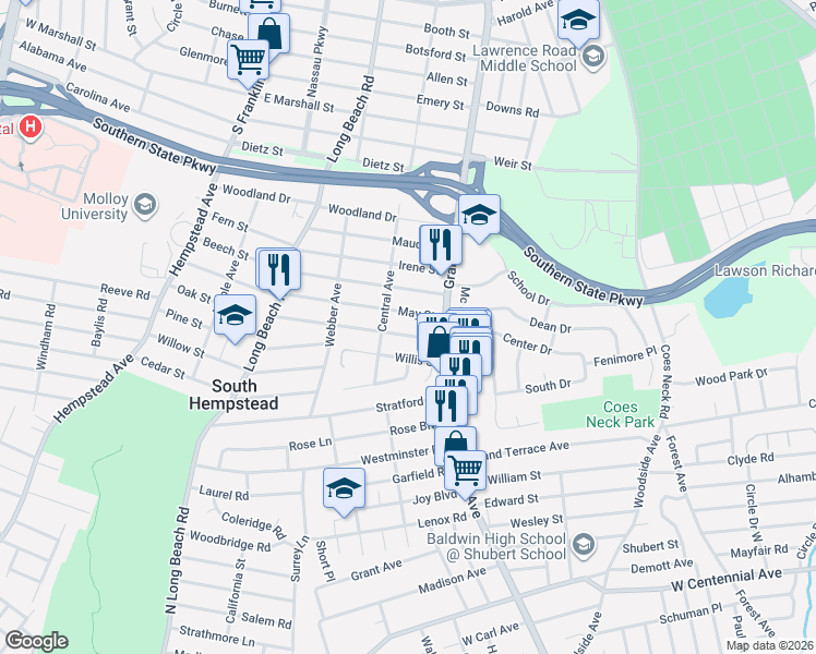 map of restaurants, bars, coffee shops, grocery stores, and more near 645 Christie Street in South Hempstead