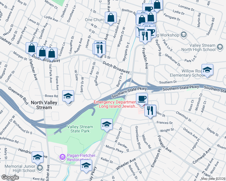 map of restaurants, bars, coffee shops, grocery stores, and more near 1245 Barry Drive South in Valley Stream