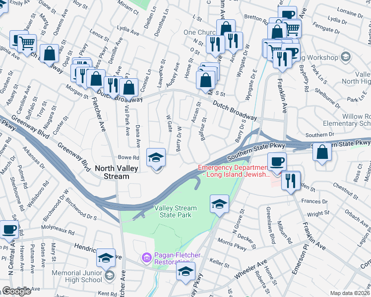 map of restaurants, bars, coffee shops, grocery stores, and more near 921 Barry Drive West in Valley Stream