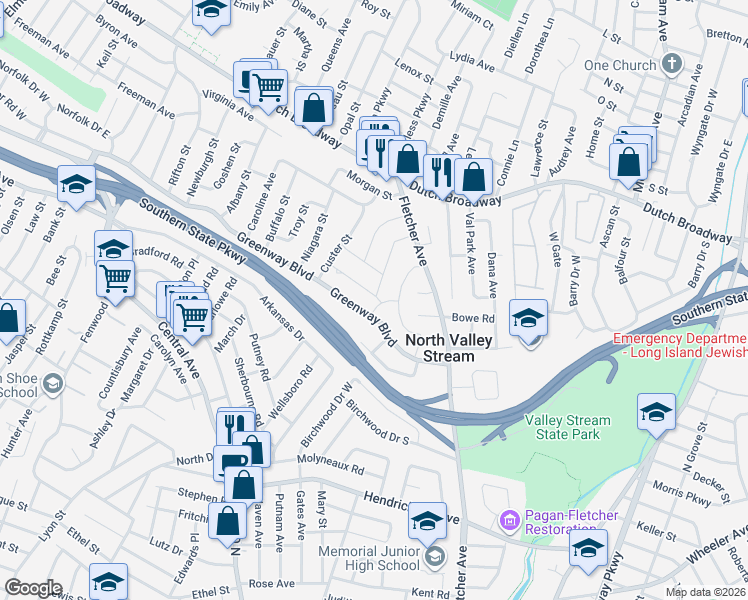 map of restaurants, bars, coffee shops, grocery stores, and more near 1665 Pershing Street in Valley Stream