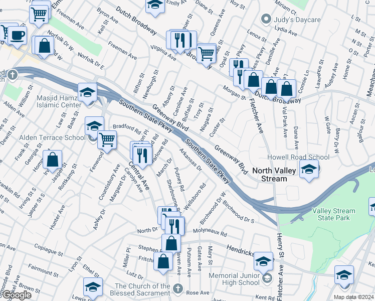 map of restaurants, bars, coffee shops, grocery stores, and more near 1673 Arkansas Drive in Valley Stream