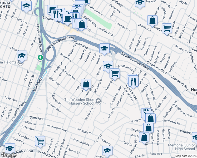 map of restaurants, bars, coffee shops, grocery stores, and more near 160 Alden Avenue in Valley Stream