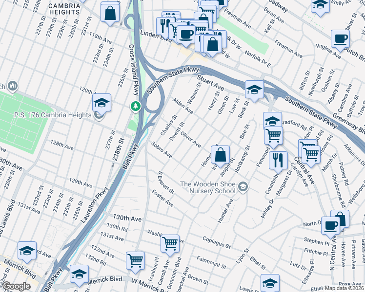 map of restaurants, bars, coffee shops, grocery stores, and more near 25 Frank Street in Valley Stream