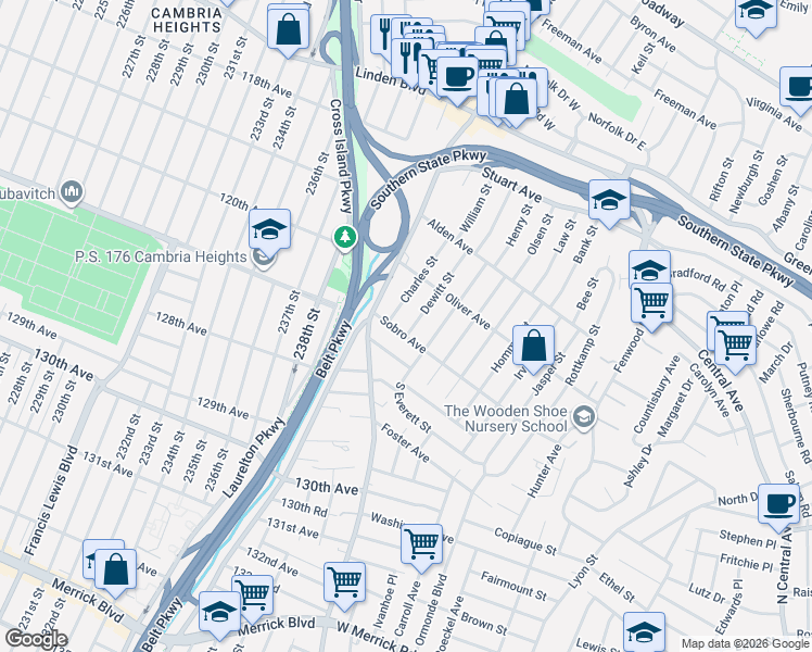 map of restaurants, bars, coffee shops, grocery stores, and more near 15 Sobro Avenue in Valley Stream