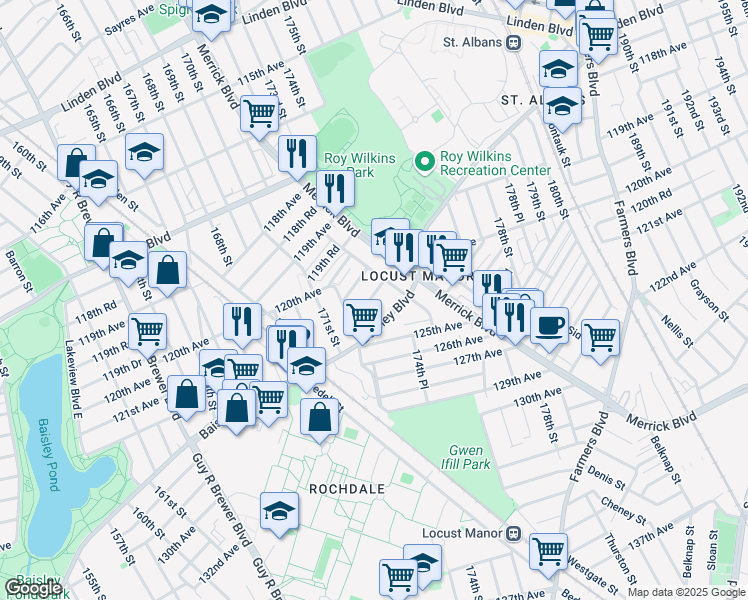 map of restaurants, bars, coffee shops, grocery stores, and more near 172-42 Brocher Road in Queens